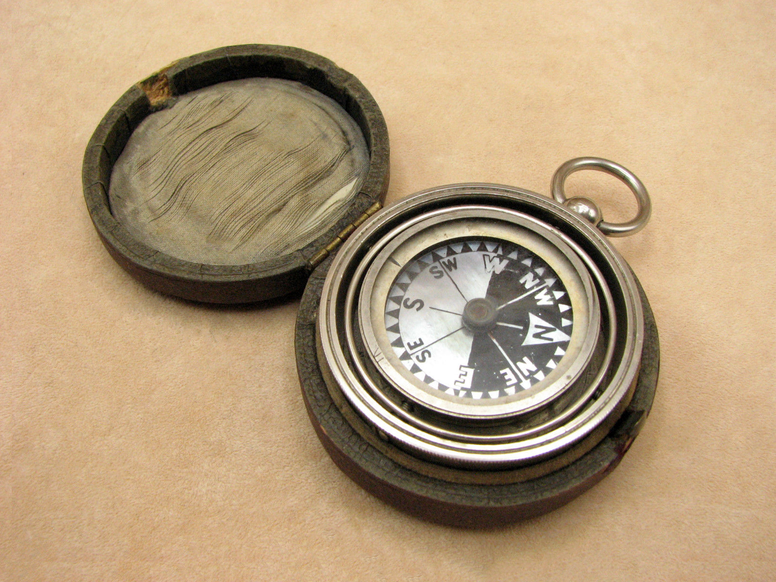 Very rare Short & Mason gimballed pocket compass with Singers Patent mop dial